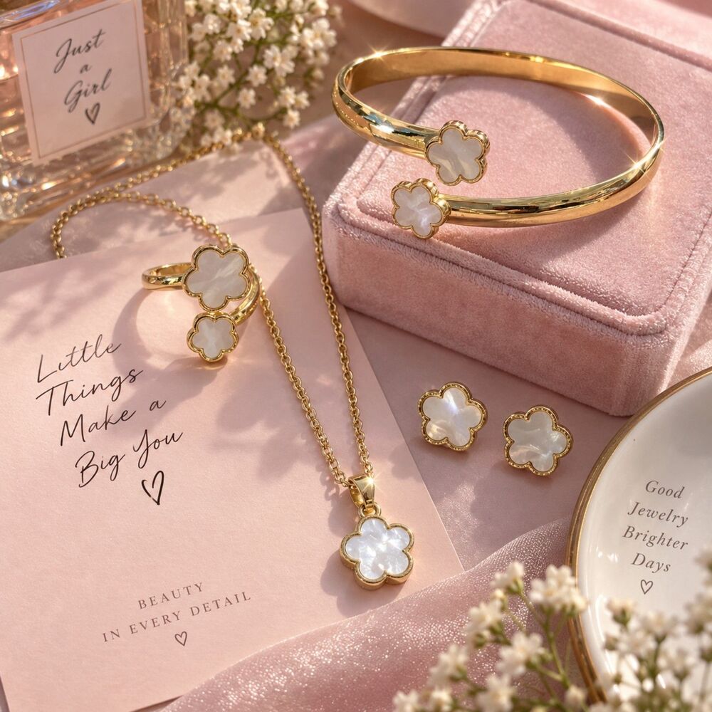 Gold Tone Flower Jewelry Set, Necklace Bracelet Ring Earrings, Dainty Floral Set